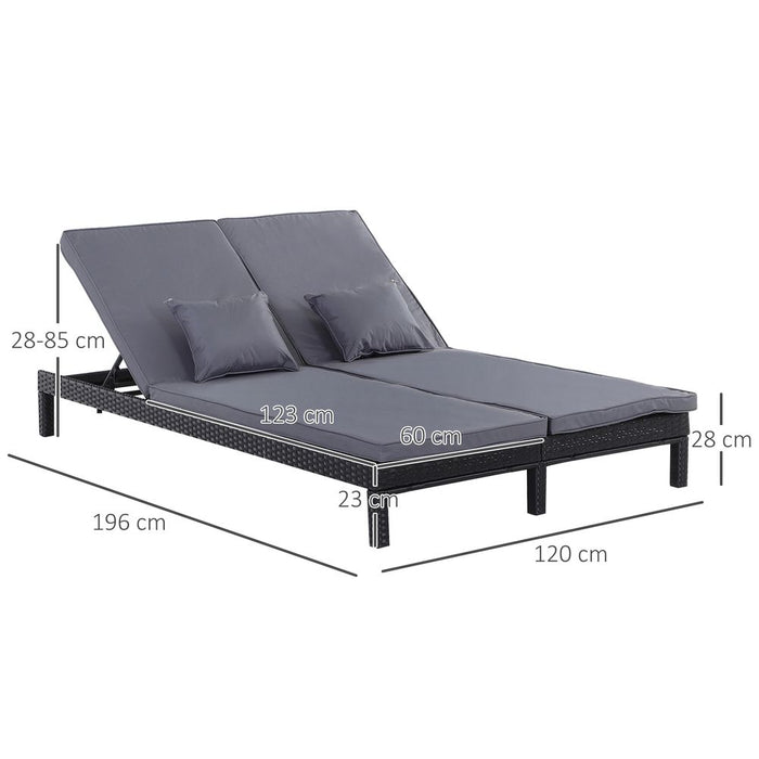 Premium 2-Seater Rattan Lounger - Adjustable Cushions - Black