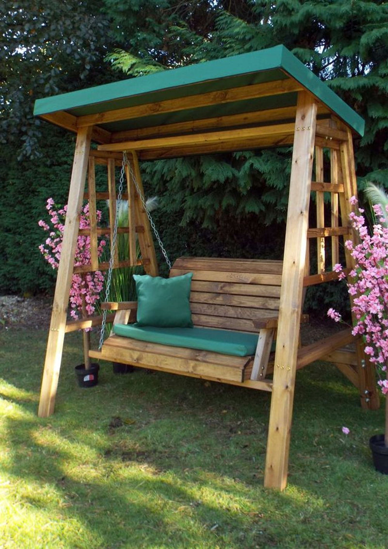 Dorset Two Seat Swing Green - Hand-finished, FSC wood swing with removable roof cover. Made in Britain. Rustproof. 10-year guarantee.