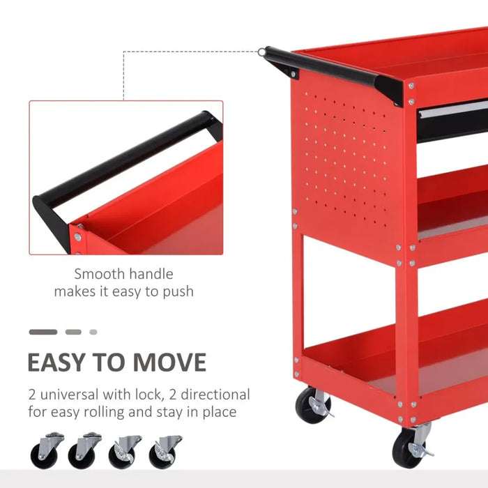 3-tier Tool Trolley Cart Roller Cabinet Storage Box Lockable Casters Red