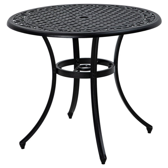 Outsunny Garden Table, Cast Aluminium Frame - Black. Parasol Hole, Seats 2-4