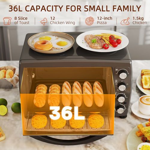 HOMCOM 36L Countertop Toaster Oven with 2 Hot Plates, Grill, Roast, Bake