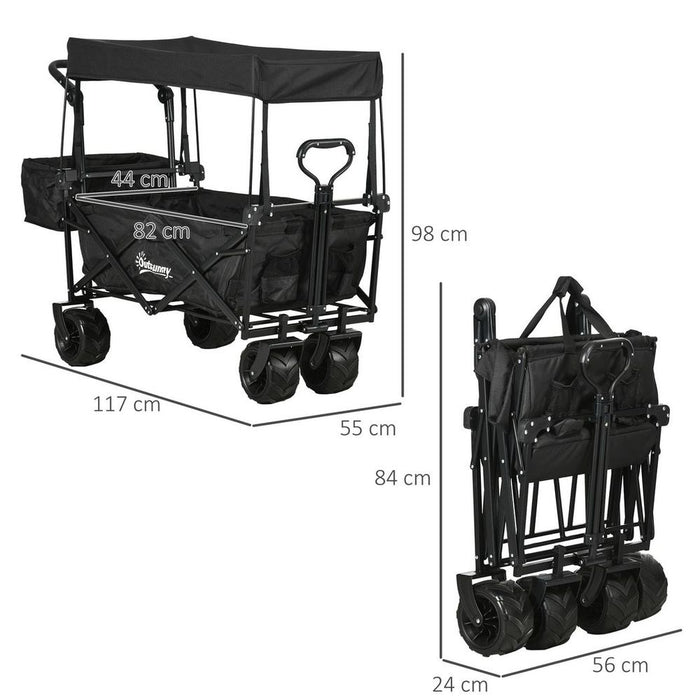 Foldable Trolley Cart w/ 4 Wheels, 2 Compartments, Canopy | Black - High Quality