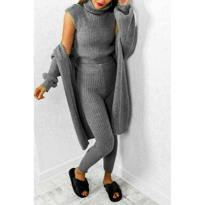 Ladies 3 Piece Suit Roll Neck Chunky Knitted Ribbed Tracksuit Lounge Set