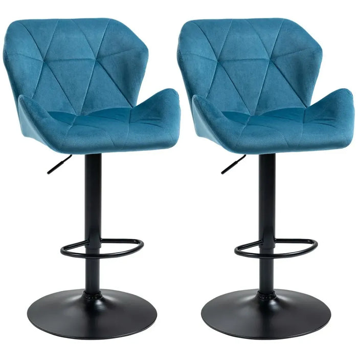 Set Of 2 Luxurious Velvet-Touch Bar Stools w/ Metal Frame Footrest Base Blue