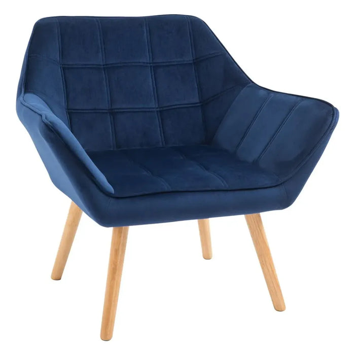 Luxe Velvet-Feel Accent Chair w/ Wide Arms Slanted Back Padding Wood Legs Blue