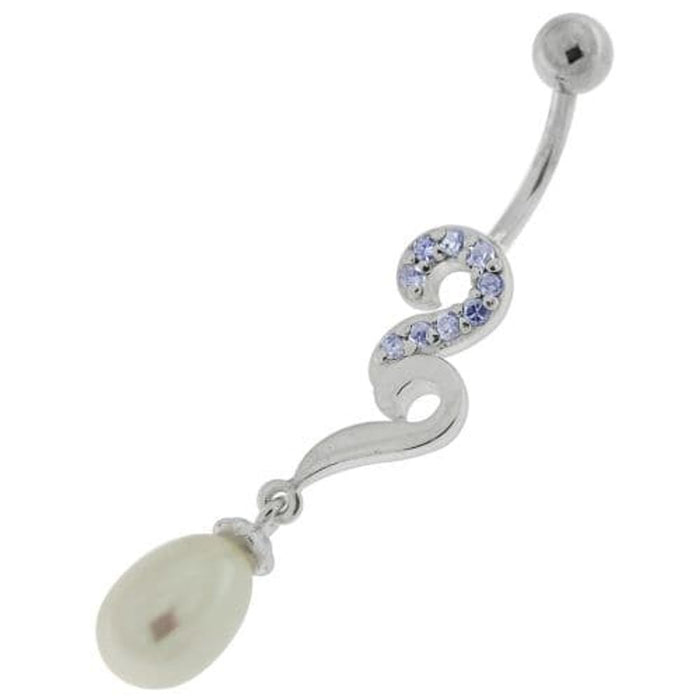 Pearl Jeweled Fancy Silver Dangling Banana Bar Navel Belly Ring