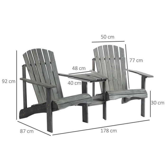 Wooden Double Adirondack Chairs Loveseat & Center Table & Umbrella Hole, Grey