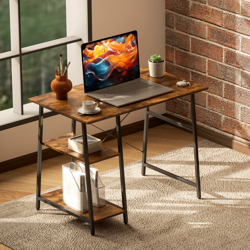 HOMCOM Computer Table Wor Desk with Shelves & Steel Frame, Rustic Brown