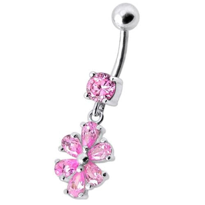 Fancy  Flower Jeweled Silver Dangling With SS Bar Navel Ring