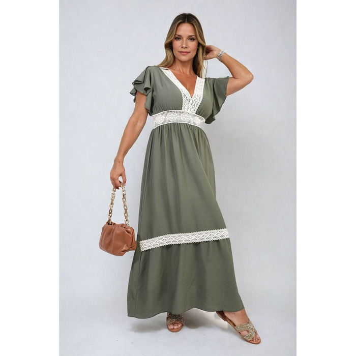 Timeless Elegance: V-neck Lace Trim Maxi Dress