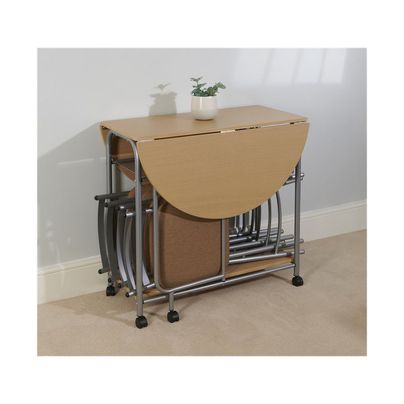 Greenhurst Stowaway Dining Set, Drop Down Table & 4 Folding Chairs, Max Table Size: L115 x D84 x H80cm (Oak and Silver)