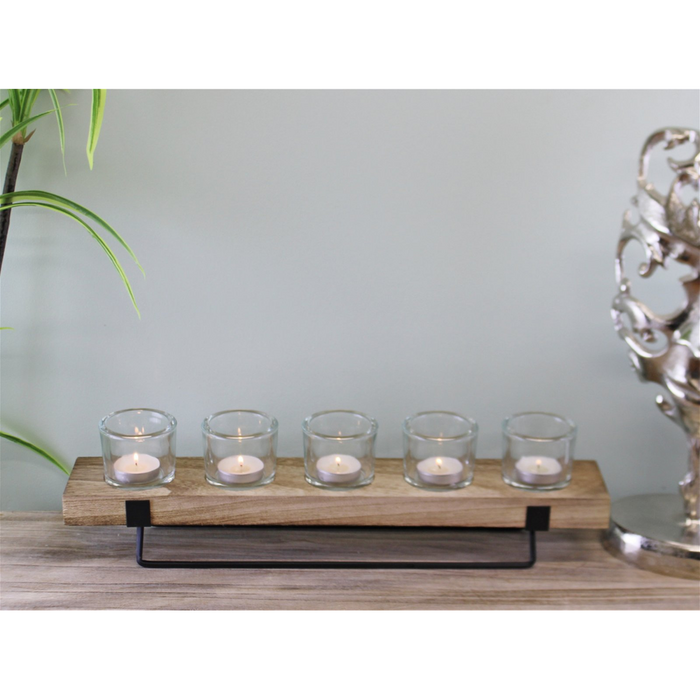 5 Piece Glass, Wood & Metal Tealight Holder