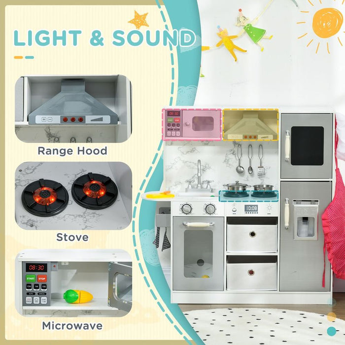 AIYAPLAY Toy Kitchen Playset with Lights, Sounds, Apron, Chef Hat - White