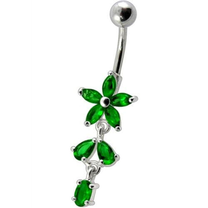 Fancy Non Moving Silver Flower Dangling SS Bar Belly Ring