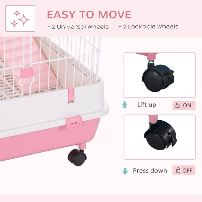 PawHut Pink Small Animal Cage - Indoor Bunny Ferret Chinchilla - 6 Levels - Wheels Tray - 158.6H x 81.2L x 52.7Wcm