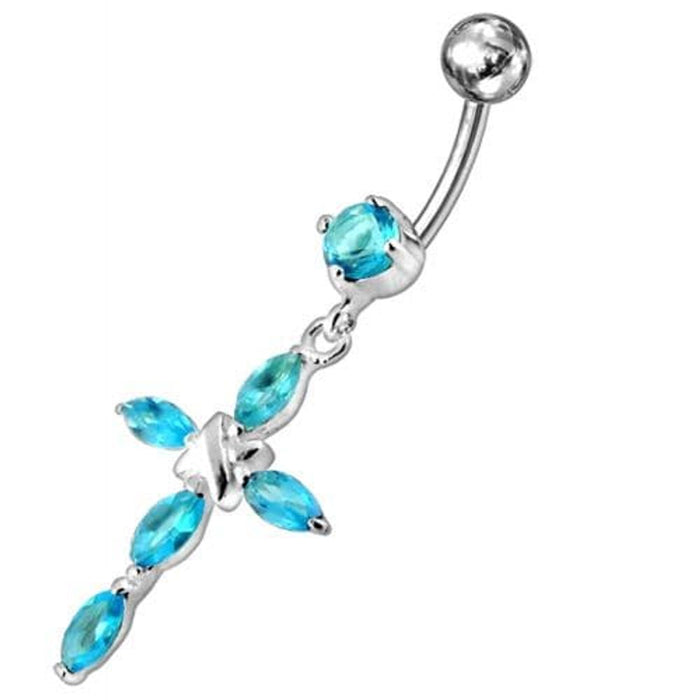 Jeweled Fancy Silver Flower Dangling SS Bar Banana Belly Ring