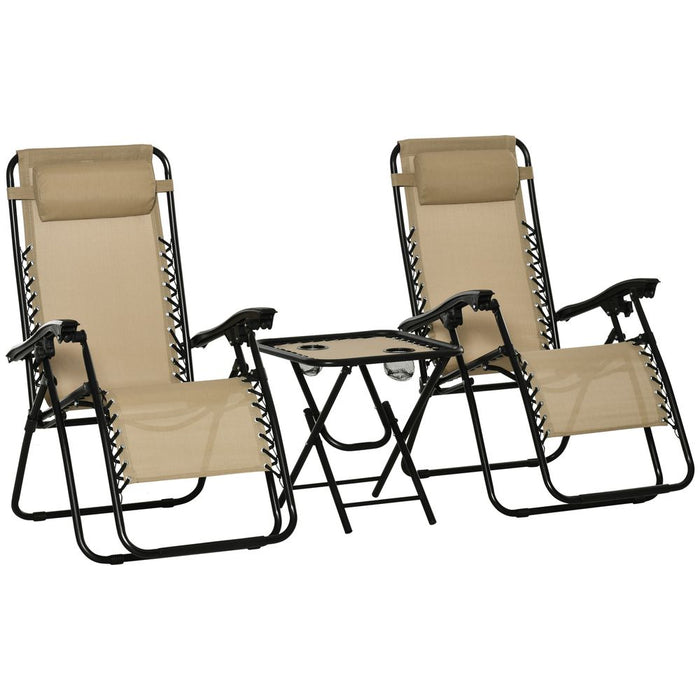 Premium 3PC Zero Gravity Chairs Sun Lounger Table Set w/ Cup Holders - Beige - High Quality - Outsunny