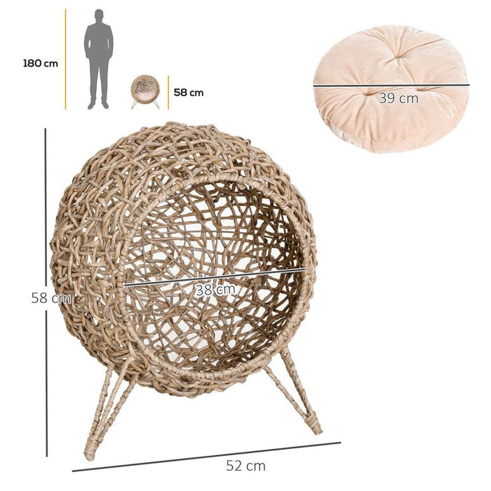 Wicker Cat House, Ball-Shaped Rattan Raised Cat Bed - Natural Wood Finish