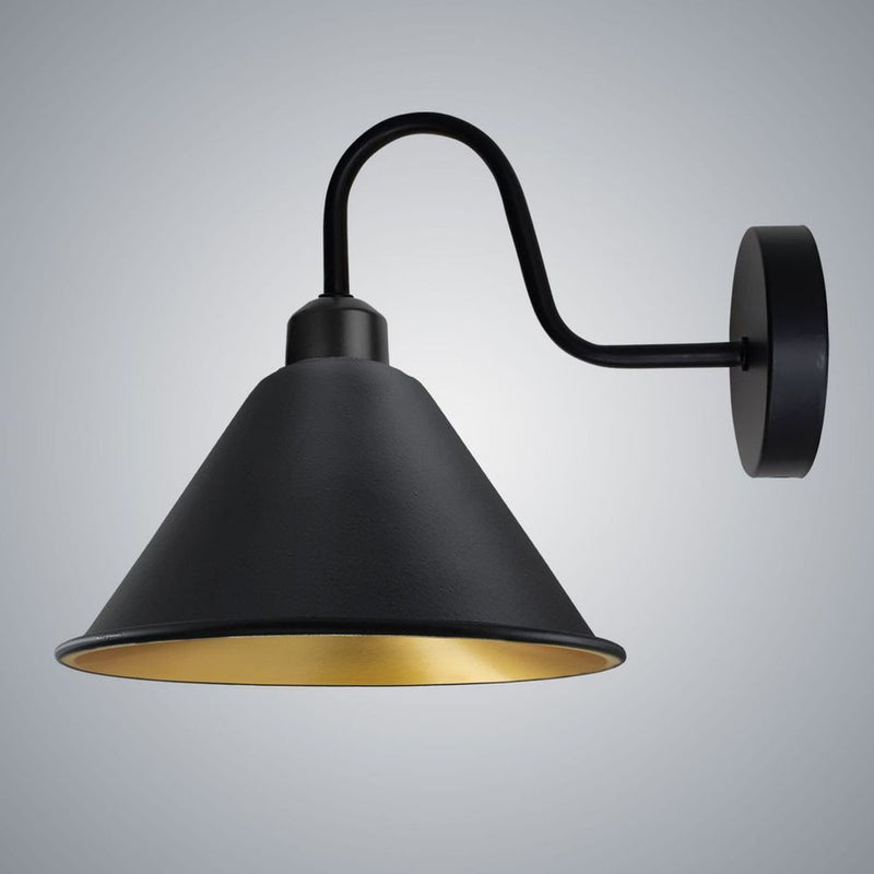 Vintage Black Gold Wall Light Fixture | E27 Base | Cone Shape Shade | Swan Neck