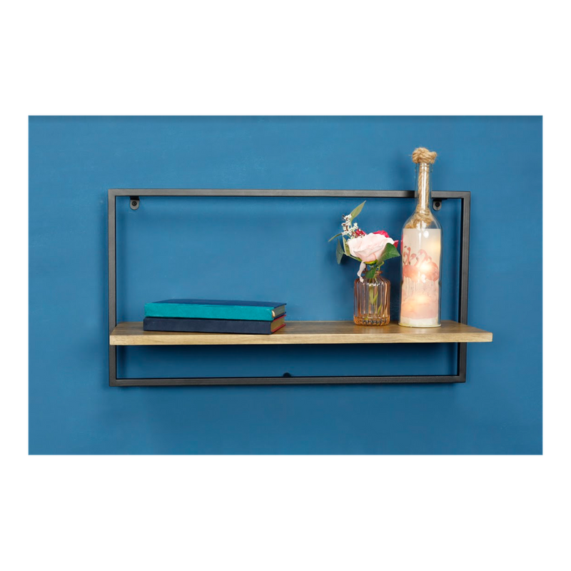 Sturdy Dark Oak Floating Wall Shelf - PARGI: Wide Design, Black Frame