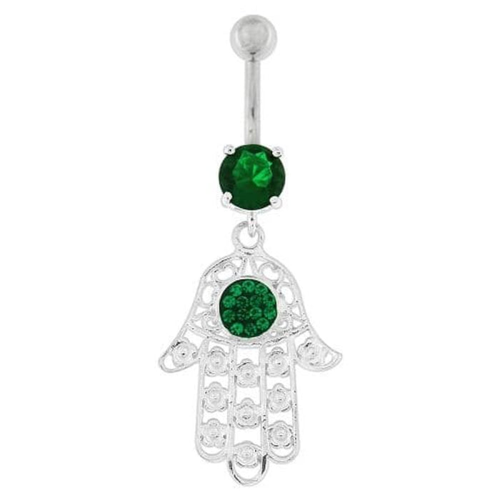 Hamsa Hand with Flowers Dangling Belly Button Ring