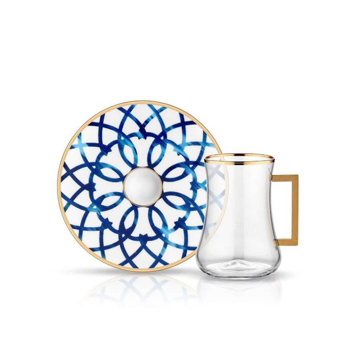 Dervish with Handle Blue Blanc Bianca Tea Glass and Saucer