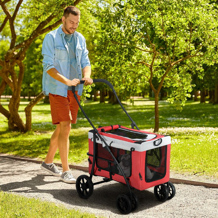 Ultimate Foldable Pet Stroller: Red, Detachable Carrier, Soft Padding - Perfect for Active Pet Owners!