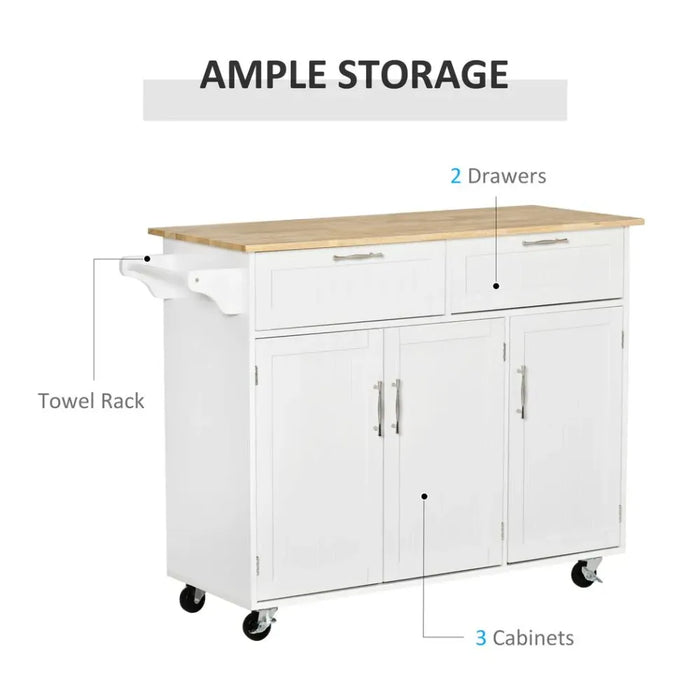 Portable Kitchen Island Cart: 2 Drawers, 3 Cabinets, White - Store & Organize with Ease!