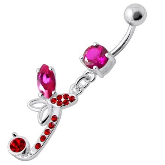 Sterling Silver Fancy Butterfly Jeweled Dangling Curved Bar Belly Ring