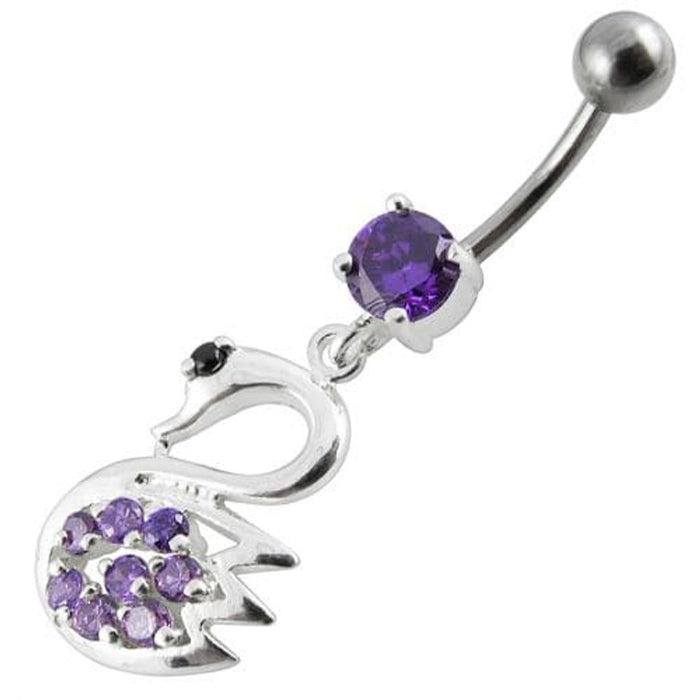 Fancy Jeweled Swan Silver Dangling Banana Bar Navel Body Ring