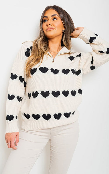 Heart Prints Zip High Neck Knitted Jumper