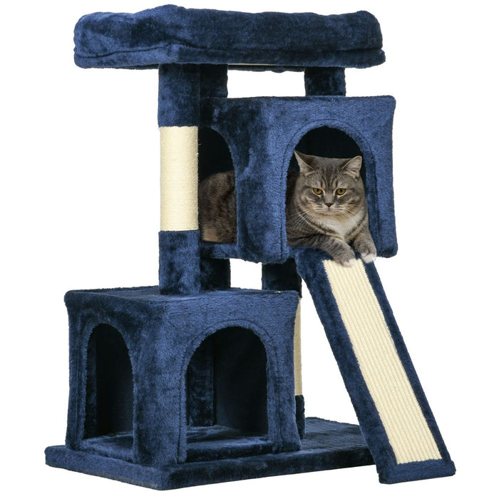 PawHut Luxury Cat Tree - Rest, Play, Scratch, & Sleep - 2 Houses, Perch, Scratching Post - Navy Blue