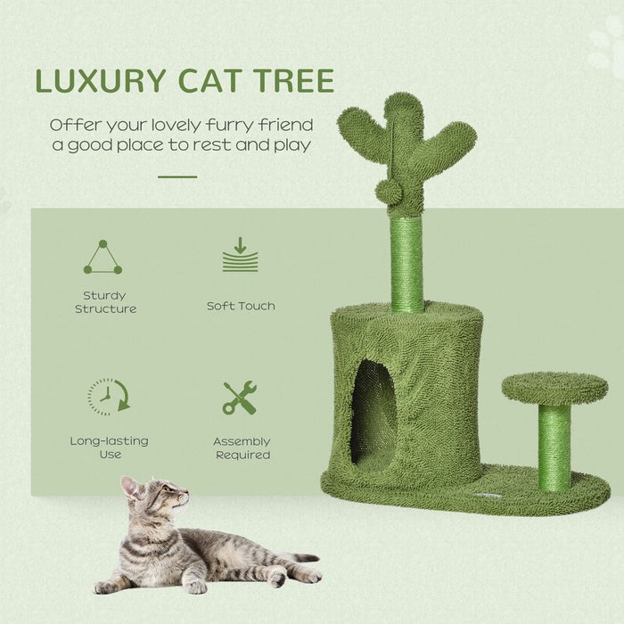 PawHut 78cm Cactus Cat Tree Tower with Scratching Post Condo Perch, Kitten Activity Centre for Indoor Cats with Toy Ball