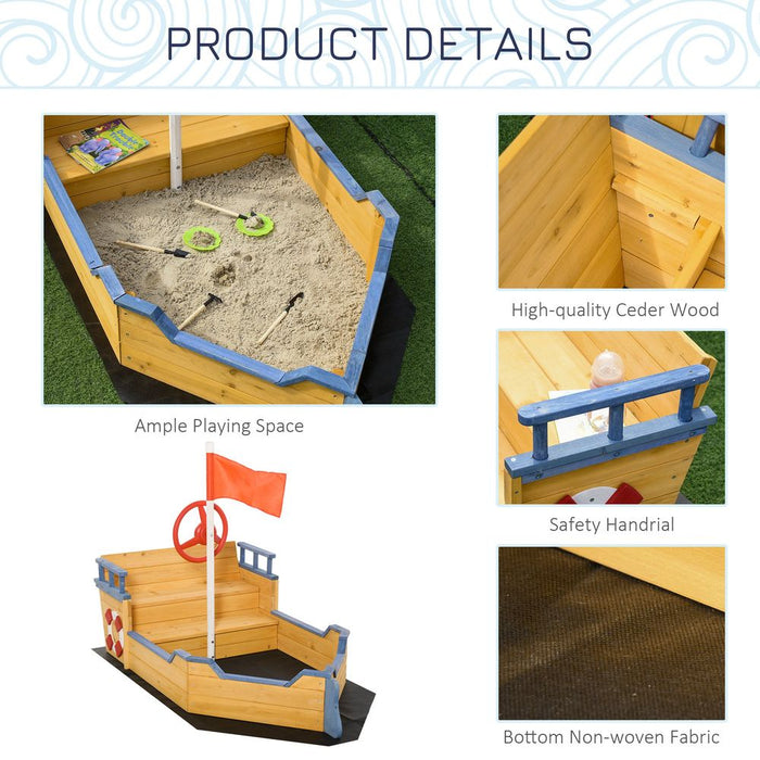 Kids Wooden Sandbox Pirate Ship Sandboat w/ Bench Seat Storage Space