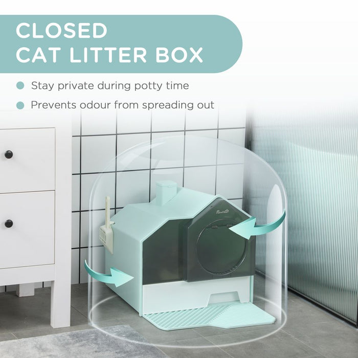 PawHut Hooded Cat Litter Tray: Scoop, Drawer, Handle, Deodorants - Light Blue