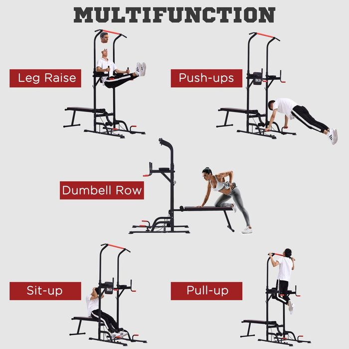 HOMCOM Multifunction Power Tower Home Workout Dip Station w/Sit-up Bench Push-up Bars and Tension Ropes Fitness Equipment Office Gym Training