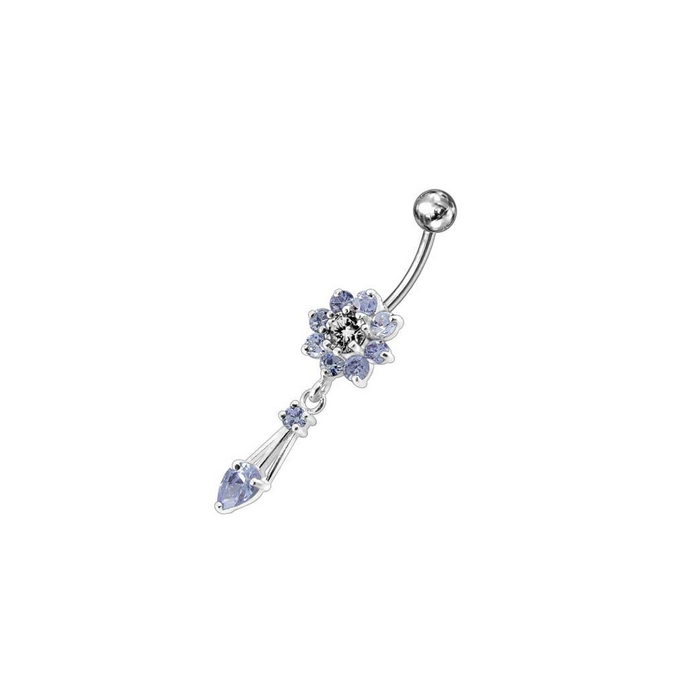 Jeweled Fancy Flower Dangling SS Banana Bar Navel Ring