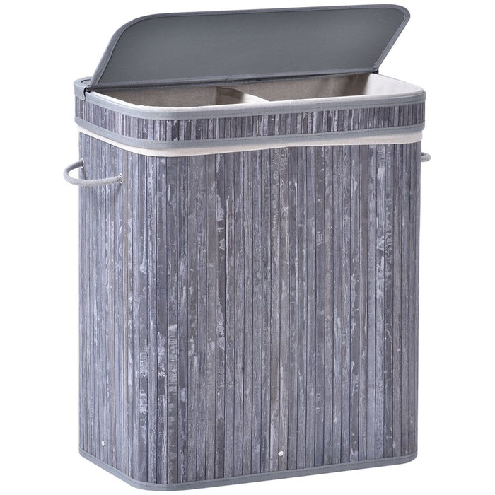 70L 2-Compartment Bamboo Laundry Basket Grey