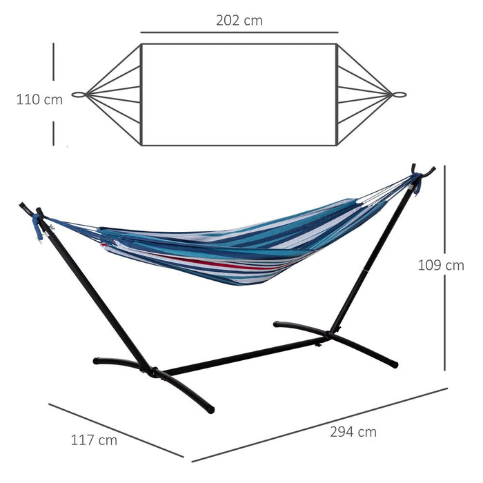 Premium 294x117cm Hammock w/ Metal Stand & Portable Carrying Bag. 120kg Capacity. White Stripe Design.