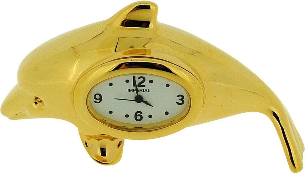 Premium Gold Dolphin Clock - Solid Brass, Free Standing, Miniature - CLEARANCE! NEEDS RE-BATTERY