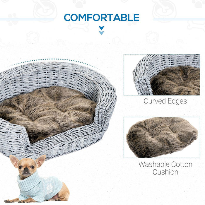 PawHut Wicker Pet Bed Willow Dog Cat Sofa Couch Puppy Basket with Cushion Grey 57L x 46W x 17.5H cm