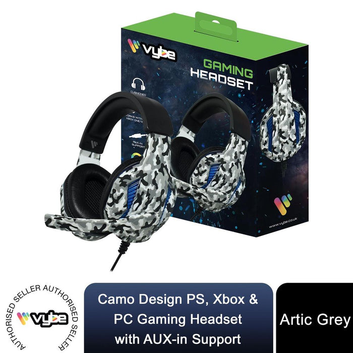 Vybe Camo Gaming Headset - PS, Xbox & PC - AUX-in Support - Artic Grey - LED Lights - Compatible - User Manual