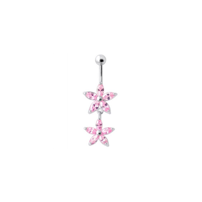 Jeweled Multi Flower Silver Dangling Belly Button Ring