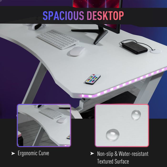 Premium Gaming Desk: Racing Style, RGB LED Lights, Hook, White