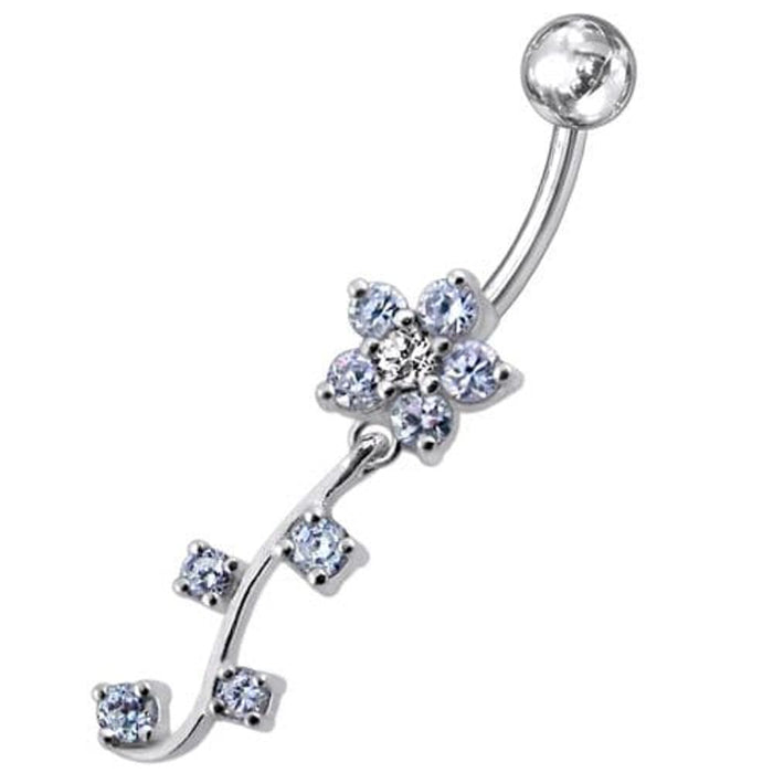 Fancy  Silver Flower Dangling Belly Ring