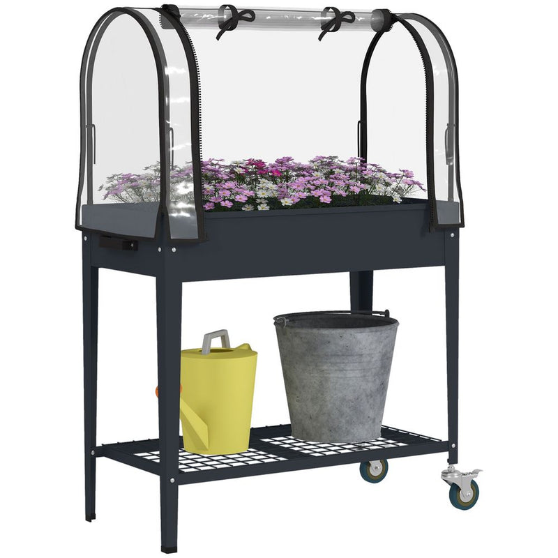 Outsunny Mobile Raised Garden Bed w/ Greenhouse & Bottom Shelf - Dark Grey