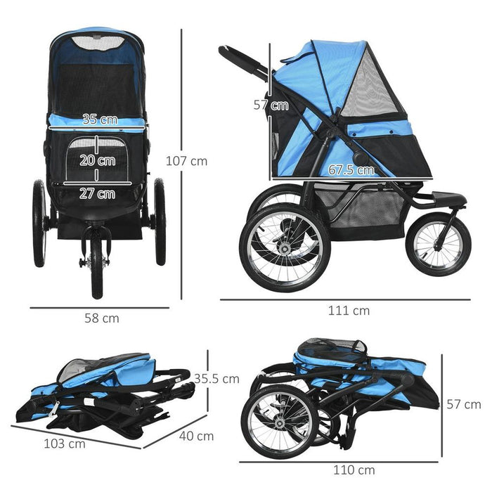 PawHut 3 Wheel Pet Stroller - Blue | Foldable Cat Pram + Soft Mat | Medium Small Dogs | All Terrains