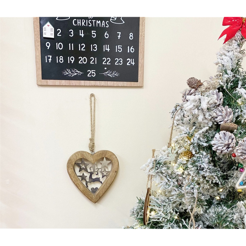 Artisanal Wood Heart: Metal Reindeer & Stars