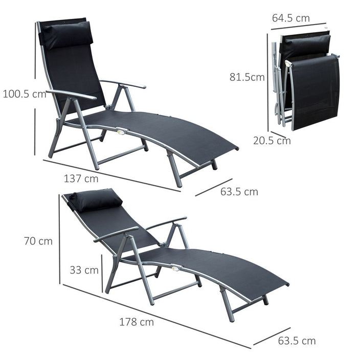 Premium Black Foldable Sun Lounger Recliner - 7 Levels- Textilene - Patio