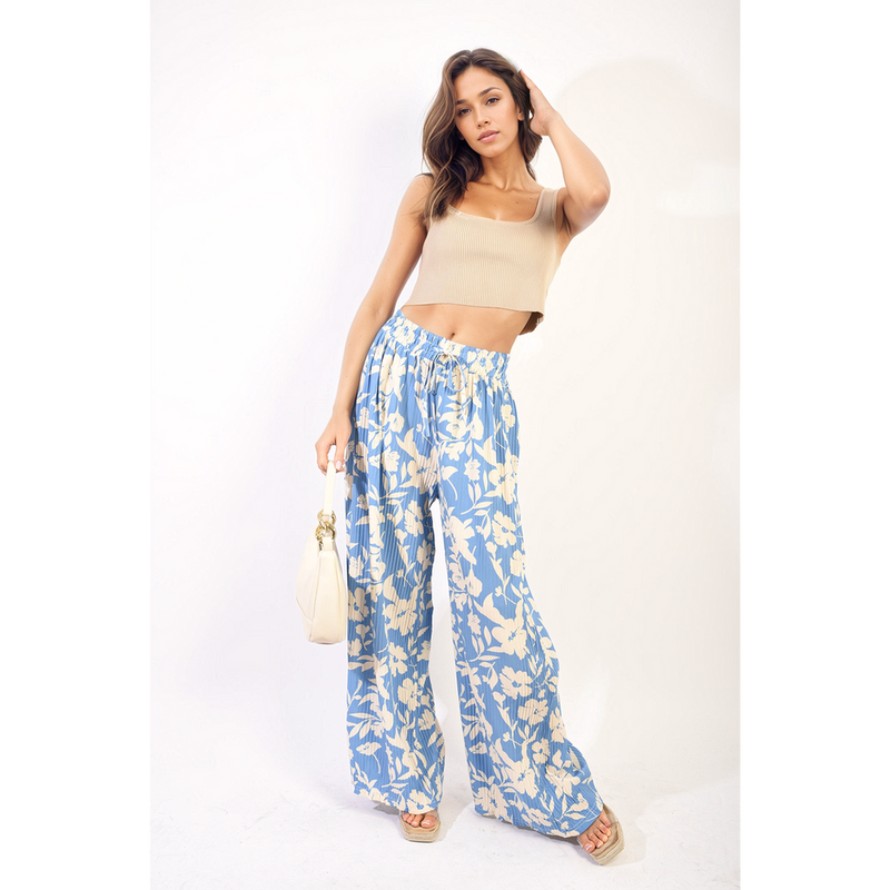Pleated Wide Leg Floral Print Trousers